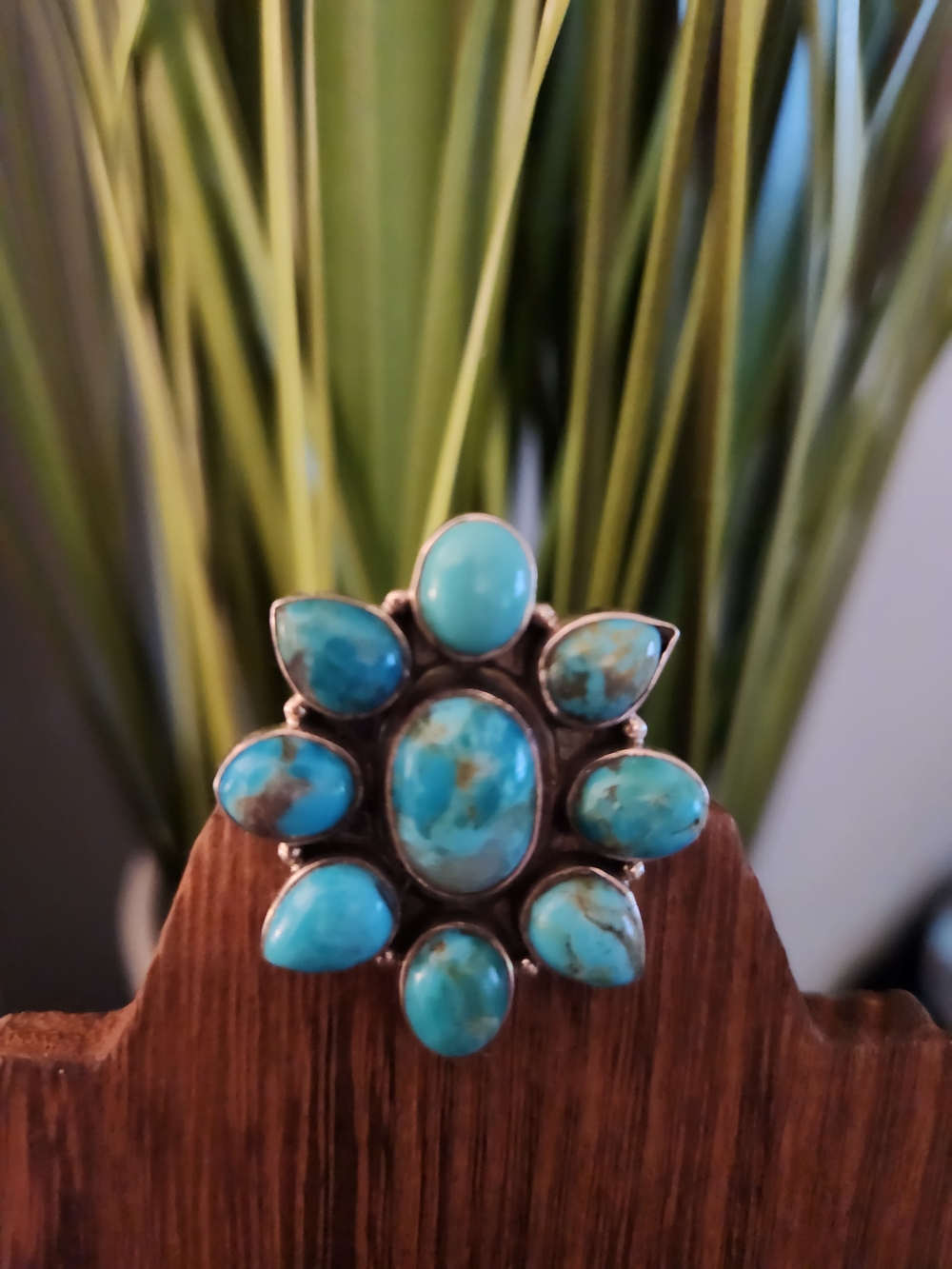 Turquoise Cluster Statement Ring - Blue Gem Floral Design Ajustable